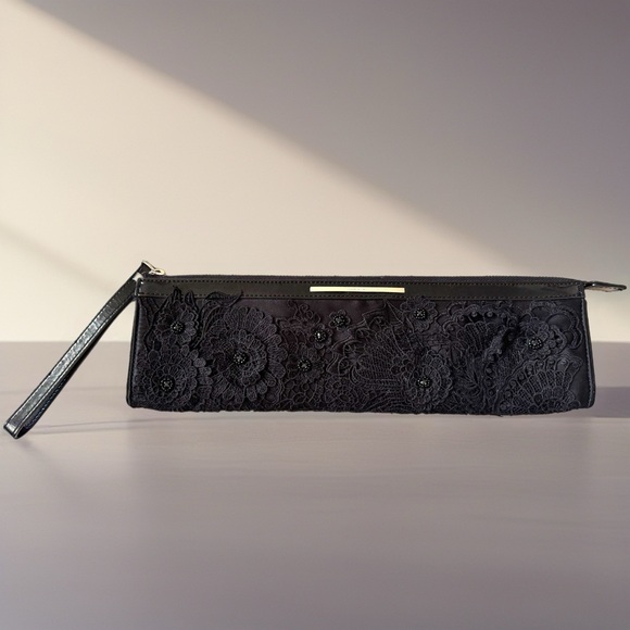 Karen Millen Black Lace Beaded Floral Rectangle Bag Clutch Purse Sleek Elegant - Picture 1 of 9